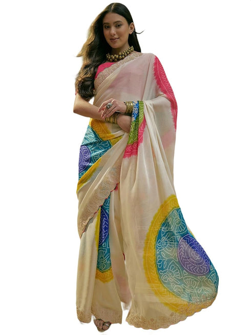 Vasthrlay Scalloped Embroidery Unstitched Lime Green Saree