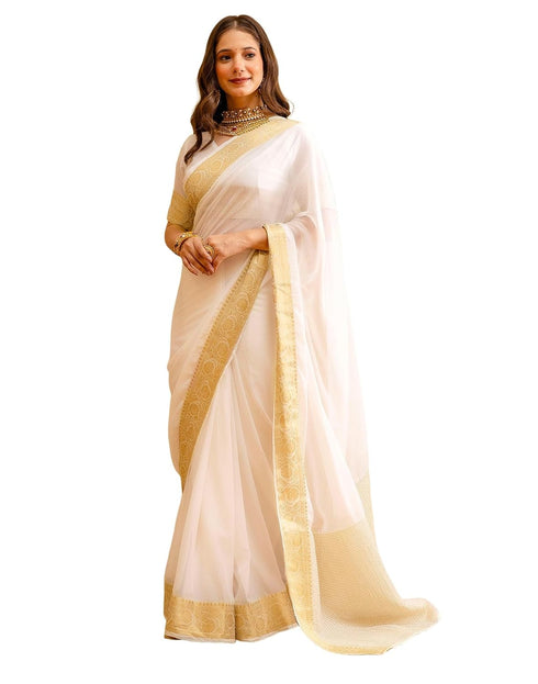 Vasthrlay Special Weaving Off White | Cream Border Saree With Unstitched Blouse Piece