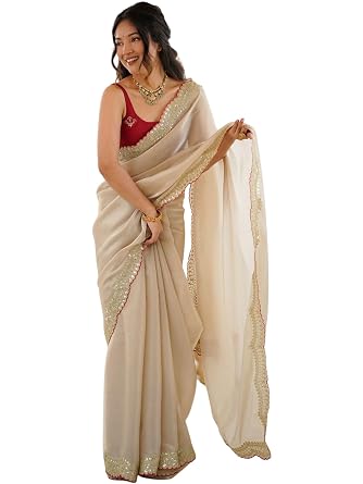 Vasthrlay Fancy Satin Solid Cream Saree With Gold Sequin Embroidered Scallop Border