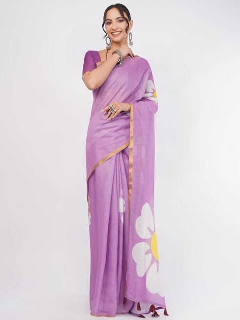 Vasthrlay Purple Daisy Floral Prints Linen Saree With Zari Border And Unstitched Blouse Piece