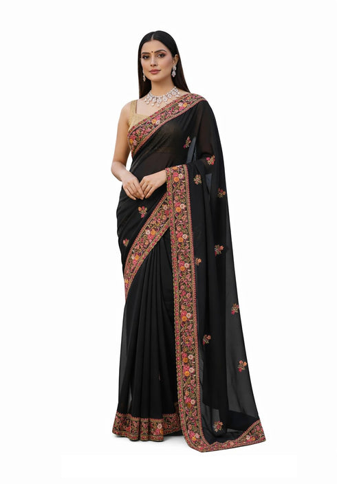 Vasthrlay Georgette Embroidery Unstitched Black Ethnic Wear