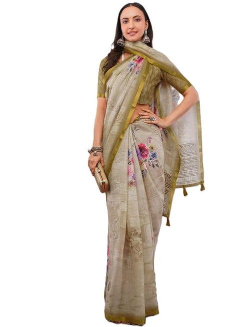 Vasthrlay Womens Beige Floral Digital Print Linen Saree With Unstitched Blouse Piece