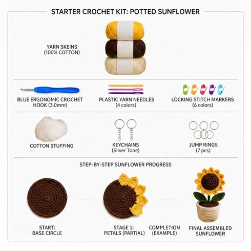 DIY Crochet Sunflower Kit for Beginners with Yarn, Hook, Needles & Keychain