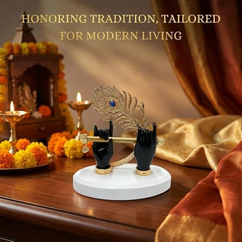 Gold Plated Melodic Krishna Hands Statue with Flute & Peacock Feather