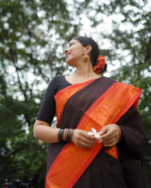 Vasthrlay Orange Kanjivaram Wedding Saree