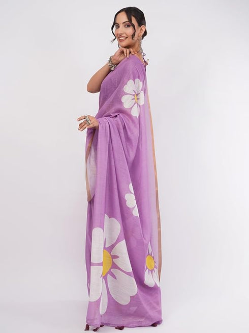 Vasthrlay Purple Daisy Floral Prints Linen Saree With Zari Border And Unstitched Blouse Piece