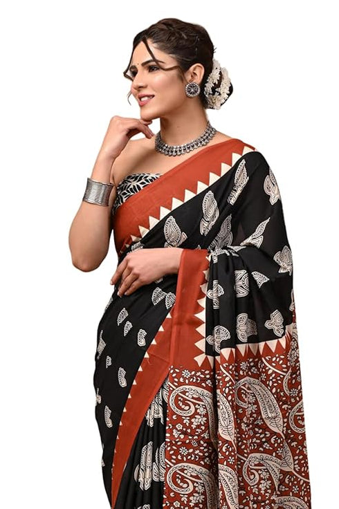 Crafts Moda Hand Block Ajrakh Print Cotton Saree For Women With Blouse