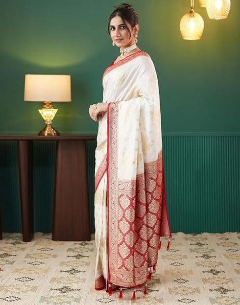 Vasthrlay Banarasi Jacquard Unstitched White Saree