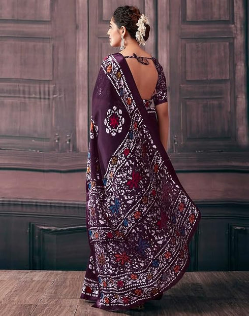 Vasthrlay Womens Printed Purple Saree With Unstitched Blouse Piece