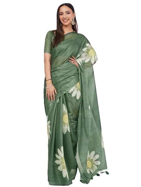 Vasthrlay Printed Green Linen Saree With Unstitched Blouse Piece