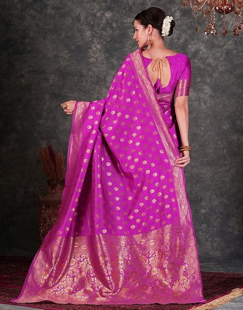Vasthrlay Womens Jacquard Bright Pink Saree With Unstitched Blouse Piece