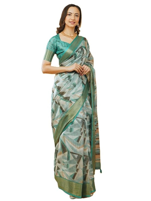 Vasthrlay Teal Green Geometric Print Polyester Saree With Dull Gold Zari Border And Unstitched Blouse Piece