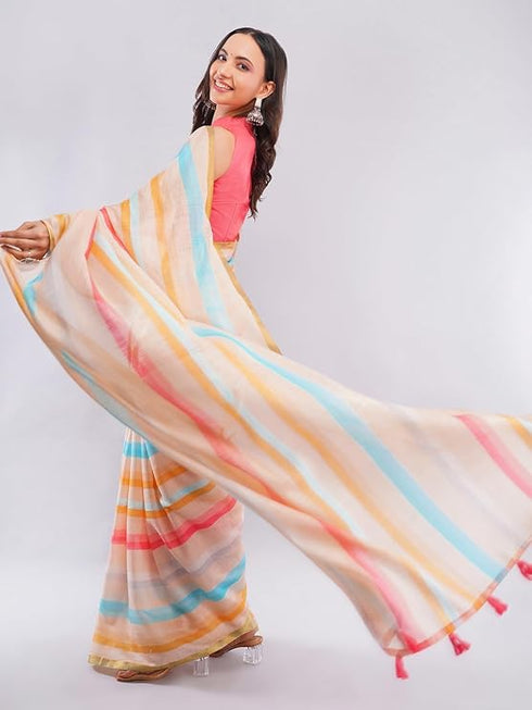 Vasthrlay Multicolour Chevron Printed Linen Saree With Unstitched Blouse