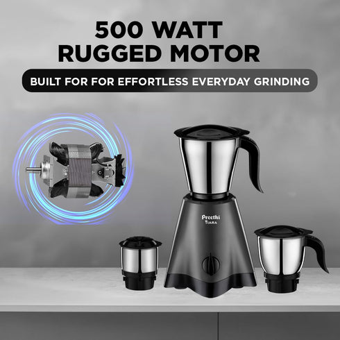 Preethi Tiara 500 Watts Mixer Grinder, 3 Jars (Stainless Steel), Black