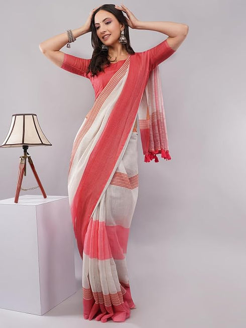Vasthrlay Red Linen Floral | Striped | Check Design Printed Saree With Solid Unstitched Linen Blouse Piece