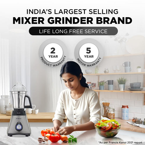 Preethi Steel Supreme MG-208 Mixer Grinder, 750 Watt, 4 Jars - Super Extractor Juicer Jar, Silver/Black