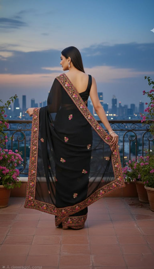 Vasthrlay Georgette Embroidery Unstitched Black Ethnic Wear