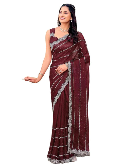 Vasthrlay Georgette Embroidery Wine Saree