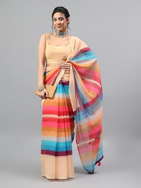 Vasthrlay Beige Linen Floral | Striped | Check Design Printed Saree With Solid Unstitched Linen Blouse Piece