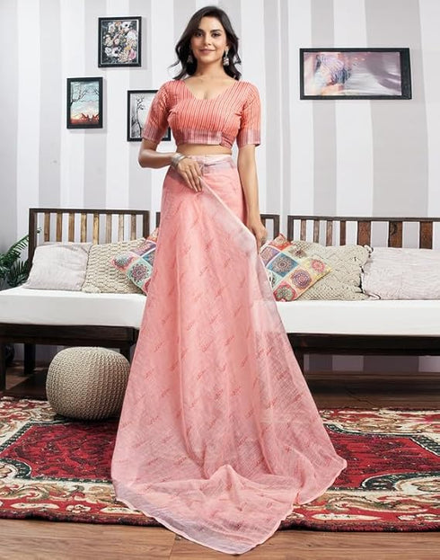 Vasthrlay Womens Printed Unstitched Peach Saree