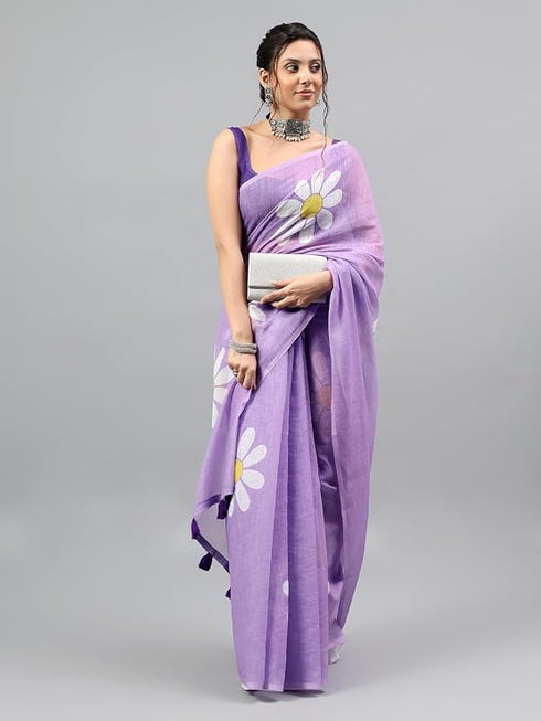 Vasthrlay Purple Womens Ready To Wear One Minute Linen Fabric Saree