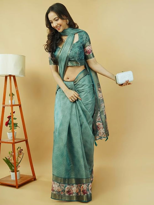 Vasthrlay Green1 Polyester Saree With Unstitched Blouse Piece