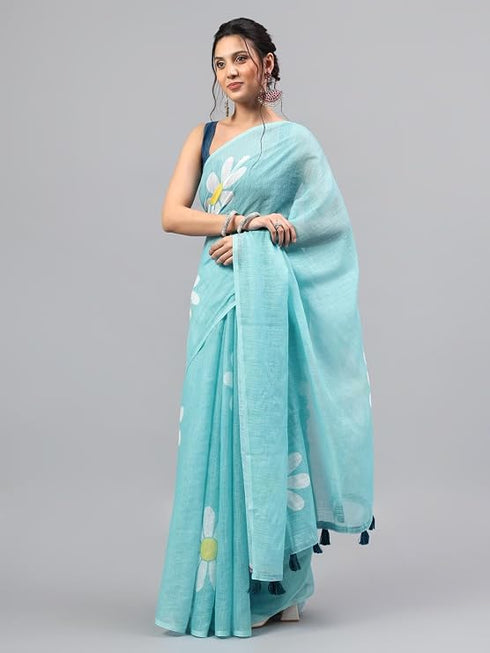 Vasthrlay Light Blue Linen Floral Printed Saree With Solid Unstitched Linen Blouse Piece