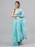 Vasthrlay Light Blue Linen Floral Printed Saree With Solid Unstitched Linen Blouse Piece