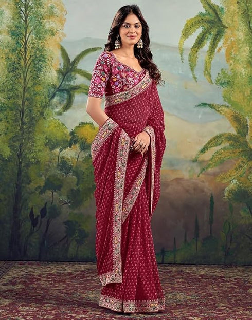 Vasthrlay Georgette Embroidery Dark Red Saree With Unstitched Blouse Piece