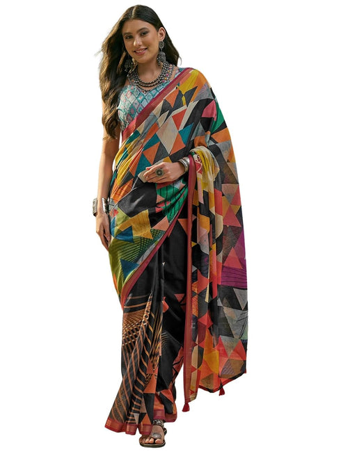 Vasthrlay Geometric Printed Unstitched Black Saree