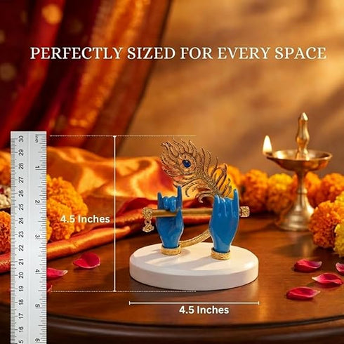 Gold Plated Melodic Krishna Hands Statue with Flute & Peacock Feather