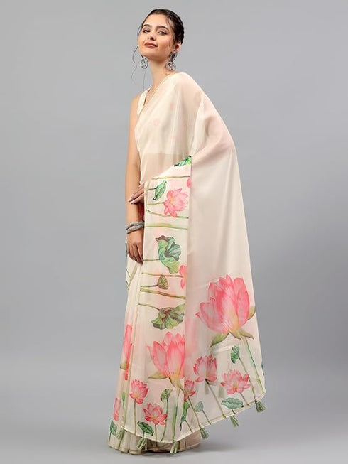 Vasthrlay Peach Floral Printed Organza Saree With Unstitched Blouse