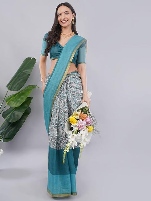 Vasthrlay Off White2 Paisley Printed Linen Saree With Unstitched Blouse Piece