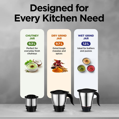 Preethi Tiara 500 Watts Mixer Grinder, 3 Jars (Stainless Steel), Black