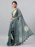 Vasthrlay Grey Linen Floral Printed Saree With Solid Unstitched Linen Blouse Piece