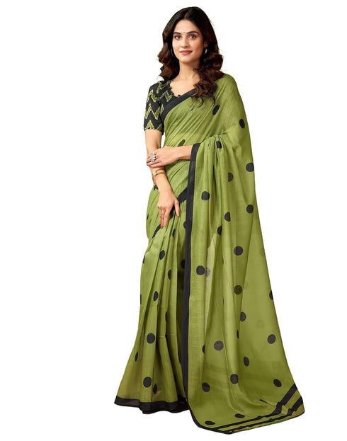 Vasthrlay Chanderi Printed Green | Black Saree With Unstitched Blouse Piece