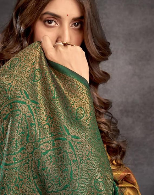 Vasthrlay Kanjivaram Banarasi Unstitched Yellow Saree