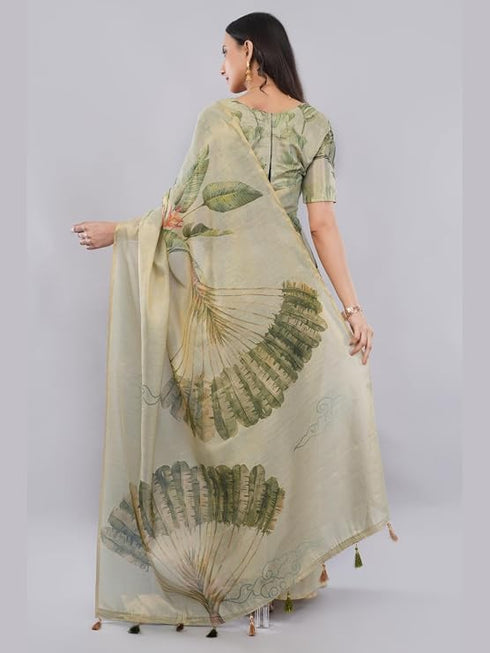 Vasthrlay Green Floral And Solid Design Polyester Saree With Unstitched Blouse Piece