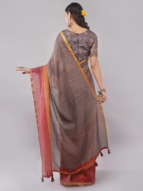 Vasthrlay Multicolor1 Chevron Printed Linen Saree With Unstitched Blouse