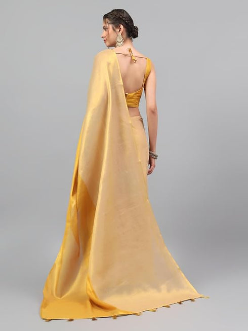 Vasthrlay Gold Floral And Solid Design Polyester Saree With Unstitched Blouse Piece