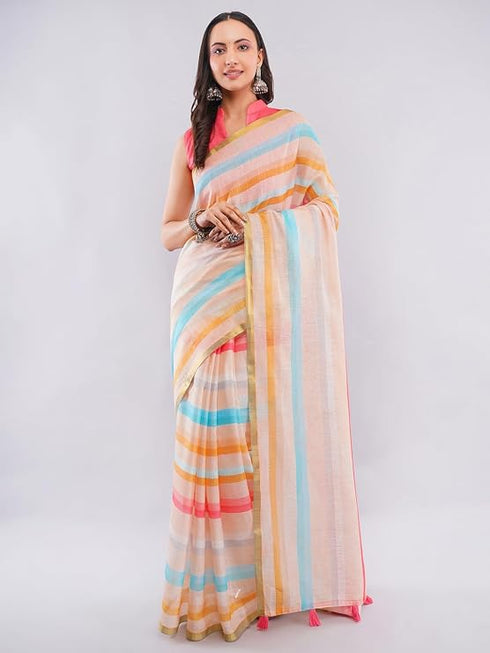 Vasthrlay Multicolour Chevron Printed Linen Saree With Unstitched Blouse