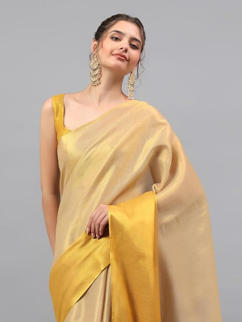 Vasthrlay Gold Floral And Solid Design Polyester Saree With Unstitched Blouse Piece