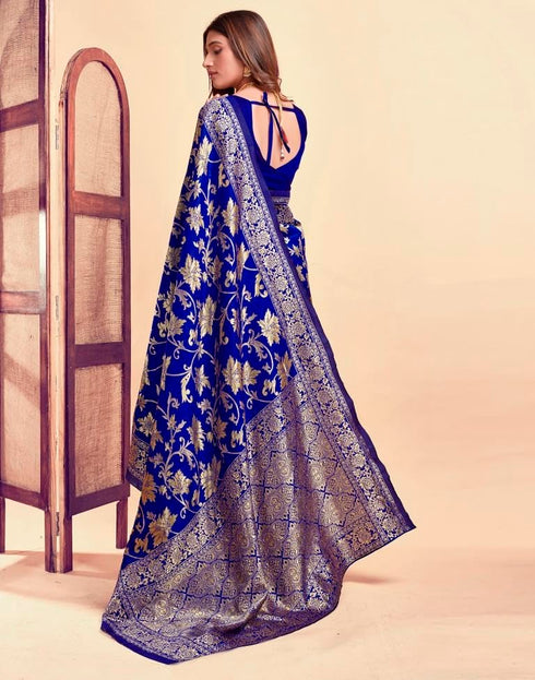 Vasthrlay Pure Kanjivaram Silk Blue Saree Banarasi With Blouse Piece