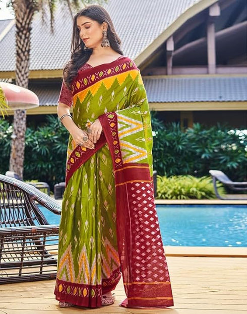 Vasthrlay Printed Pleated Unstitched Dark Green Saree