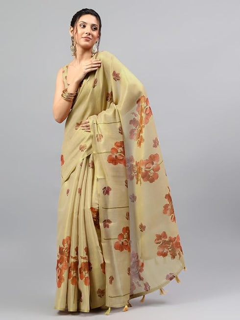 Vasthrlay Beige Floral And Solid Design Polyester Saree With Unstitched Blouse Piece