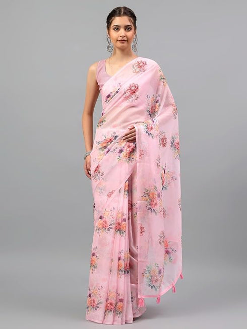 Vasthrlay Pastel Pink3 Sheer Floral Printed Art Chiffon Saree With Unstitched Blouse
