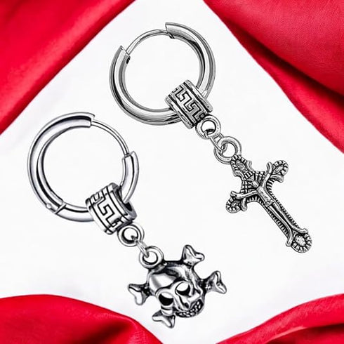 M Men Style Gothic Skeleton Head Cross Titanium Steel Silver Stainless Hoop Earrings