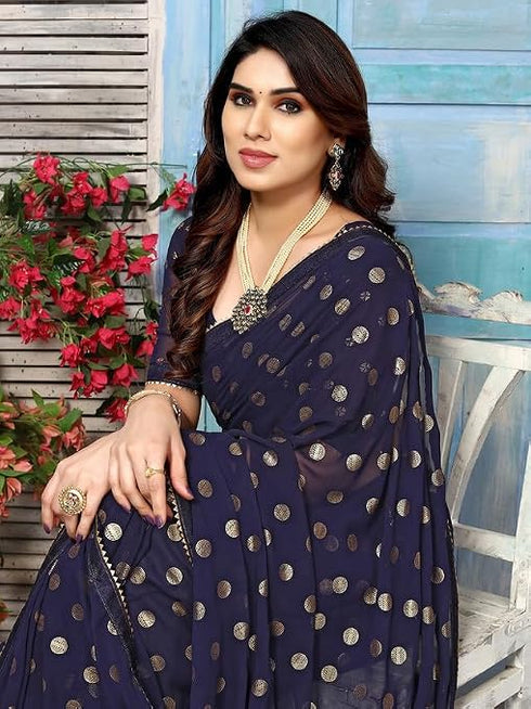 Vasthrlay Georgette Printed Navy Blue | Gold Saree With Unstitched Blouse Piece