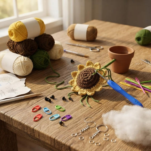 DIY Crochet Sunflower Kit for Beginners with Yarn, Hook, Needles & Keychain
