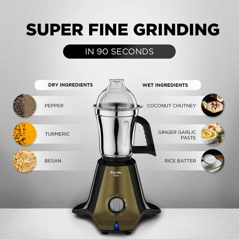 Preethi Titan 1000 Watts Mixer Grinder, 3 Jars (Stainless Steel), Black
